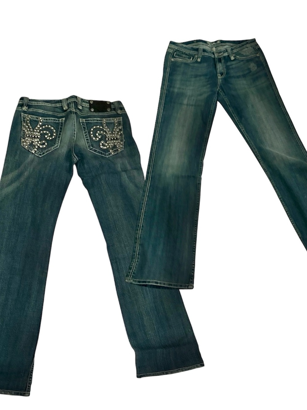 Miss Me Buckle Denim Rhinestone Leather Fleur De Lis Sexy Jeans 32”👖✨